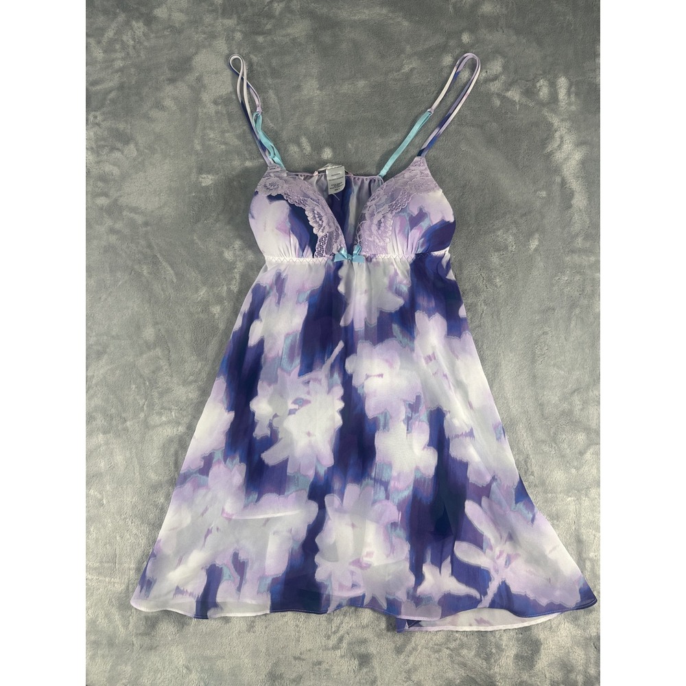 Linea Donatella Purple Blue Floral Babydoll Chemise Lace Trim Womens Small